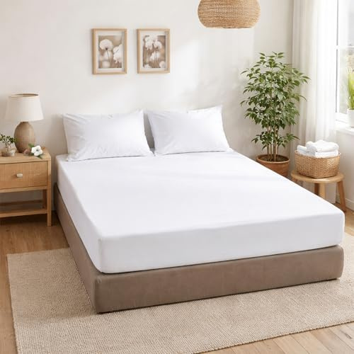 ECOMMERC3 | Sábana Bajera Cama 105 Ajustable 100% Algodón Suave, Transpirable y Ajuste Sábana Bajera Color Blanco para Colchones de hasta 30 cm de Altura