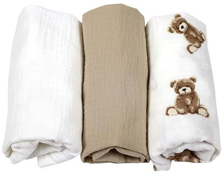 BabyLux Musselin Spannbettlaken Set – 3er Pack (40x80 cm) für Kinderwagen, Stubenwagen, Babybett & Wiege Matratzenbezug (z11 Weiß-Sand-Bär)