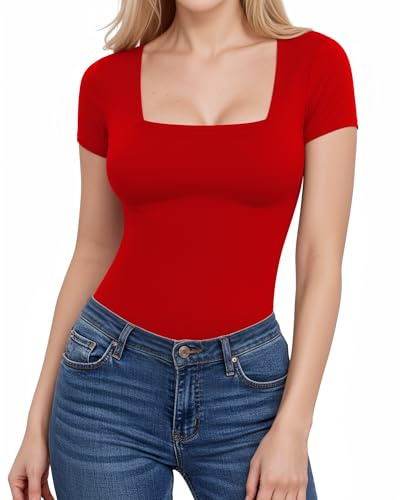 ALGALAROUND T-Shirts for Women Fitted Square Neck Short Sleeve Shirt T-Shirts Summer Basic Womens Tops for Ladies Slim Fit Tee Going Out Top Red L