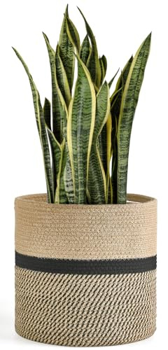 Dahey Jute Rope Plant Basket Modern Woven Storage Basket for 12 Indoor Planter, Decorative Flower Pots Cover Laundry Bin with Handle Rustic Home Decor, Black