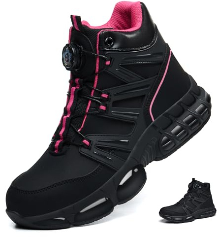 PAQOZKC Steel Toe Cap Boots Womens Air Cushion Safety Boots Lightweight Work Boots Ankle Support Safety Trainers Quick Lace Pink