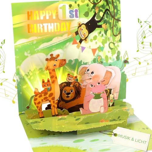Carte d'anniversaire musicale pour enfant 1 an - Animaux 3D - 1ère carte d'anniversaire avec musique et lumière - Carte pop-up chantante pour 1er anniversaire - Pour garçon et fille