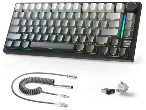 A.JAZZ X ATTACKSHARK X820Ultra Trådlöst Mekaniskt Tangentbord & Spiralkabel | 2.4G/BT/USB-C Kabelansluten, 75% Layout 80 Tangenter med TFT-Färgskärm & CNC-Ratt, RGB Hot-Swap, 4000mAh-Svart/Gift Switch