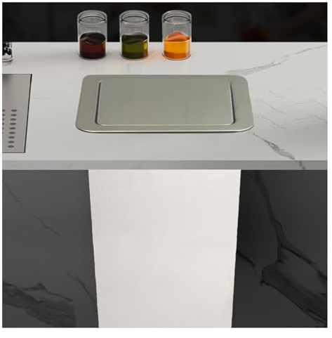 Cubo de basura integrado de acero inoxidable con tapa de solapa, elegante cubo de basura cuadrado para cocina y oficina, diseño de canal oculto que ahorra espacio