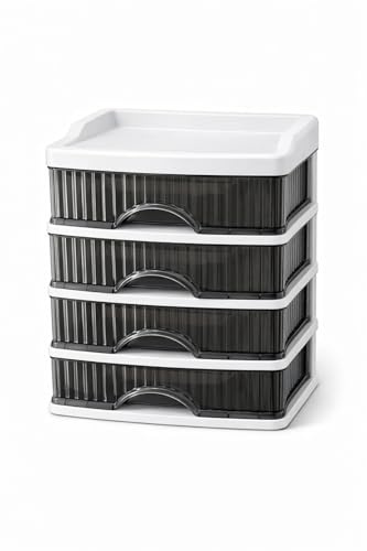 Cajonera de Plástico con 4 Cajones Transparente ahumado-Organizador de Escritorio y Hogar, Ahorra Espacio para Oficina, Baño y Dormitorio
