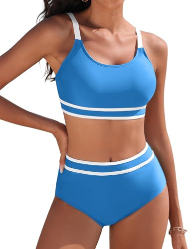 Yuson Girl Traje de Baño Mujer Conjunto de Bikini Push Up Patchwork de Rayas Bikinis Deportivo Cintura Alta Bikini Control de Vientre Bañador Reductor Bikinis Dos Piezas(Azul-2, L)