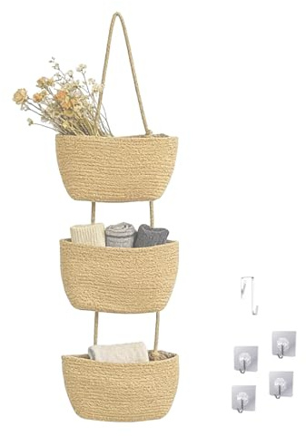 Shuqio Panier Suspendu Rangement 3 Niveaux Corde de Coton, Kaki
