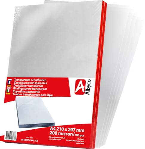 Albyco Couvertures Transparents brillants, épaisseur 0,20 mm/200 micron, format A4, 210x297mm, Couverture en PVC, Couverture de reliure, Plats en PVC, Plats de couvertures