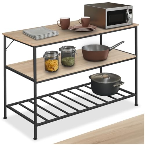 tectake® Scaffale Cucina Portaoggetti, 3 Livelli, Ripiano a Sbarre, Metallo e Legno, Scaffale Salvaspazio, Ripiano d'Appoggio per Piatti e Microonde - Legno Industriale Chiaro