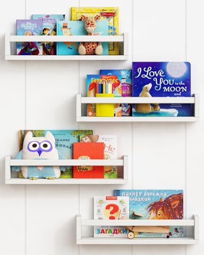 Forbena Floating Nursery Book Shelves for Wall Set of 4, Wall Bookshelf for Kids Room, White Wood Hanging Bookshelves Book Shelf for Baby Toddler Childrens Boy Girl Bedoom Toy and Decor Storage