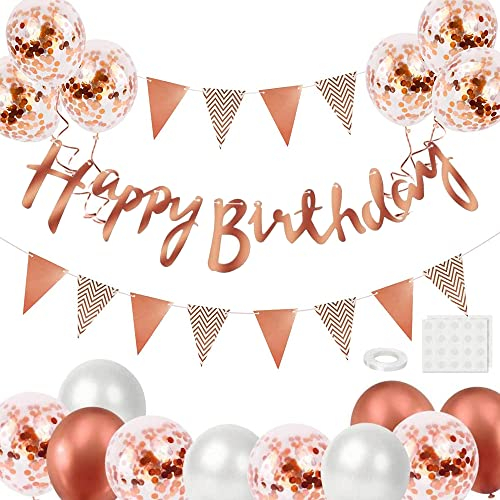 Geburtstag Dekoration Set, Roségold Luftballons Geburtstagsdeko, Party Deko Geburtstag Set mit Happy Birthday Banner Roségold Konfetti Ballons Dreiecksflaggen Girlanden für Geburtstag Deko Supplies