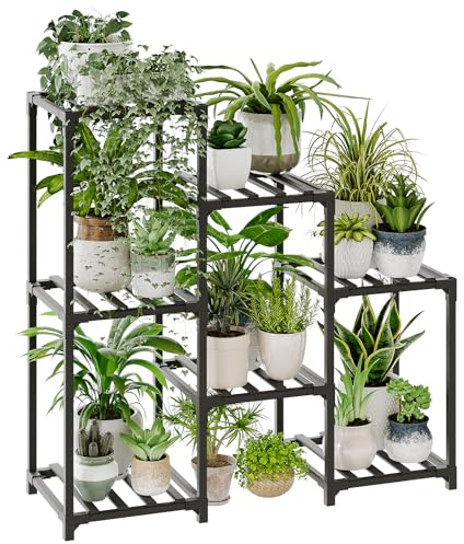 Bamworld Porta Piante da Esterno Portavasi da Interno Supporto per Piante Legno Nero Portavaso Balcone 7 Scale in Vaso Arredo Giardino Bonsai Vaso（86x30x81cm）