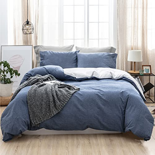SOULFUL Bettwäsche 200x200 Baumwolle 3 Teilig, Bettwäsche-Sets Denim Blue mit Reißverschluss, Ähnliche Textur wie Stone Washed Leinen, Enthält 1 Bettbezug 200x200 und 2 Kissenbezug 80x80