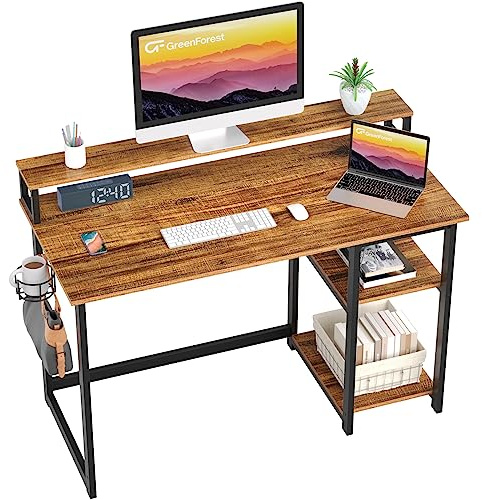 GreenForest Scrivania con Supporto per Monitor, Scrivanie Gaming 100cm con Scaffali Reversibile, Scrivania PC Moderna Multifunzionale, Montaggio Facile, Espresso