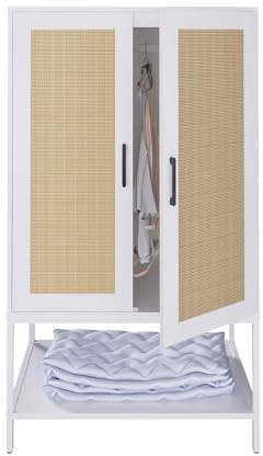 BOCVKENN Wardrobe Closet,Rattan Bedroom Armoires with 2 Doors,Wooden Wardrobe Cabinet with Shelves and Hanging Rod for Clothes,White