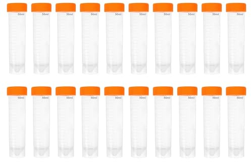 HUAZIZ 20 Piezas 50 ml tubo de ensayo, plástico, tubo transparente con orange tapa tubo centrífugo graduado, marcas cónicas/fondo plano para experimentos de química tubo