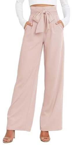 IFFEI Damen Hose mit Weites Bein Hohe Taille Freizeit Sommer Leicht Hose mit Taschen Hellrosa XL
