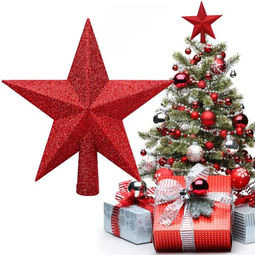 Puntale per Albero di Natale a Stella Rosso 20cm - Topper per Albero di Natale Infrangibile e Luccicante, Punta Albero Classica e Robusta, Elegante Stella per Albero di Natales Decorazione Natalizia