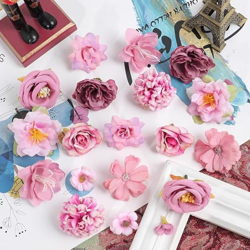 Fiori Finti Artificiali Teste,24 Pezzi Fiore Decorativo Multicolore Simulazione,Mini Fiori Finti Seta,Teste di Fiori Artificiali Decorazioni per Decorazioni da Giardino, Matrimoni e Feste(Rosa Rossa)