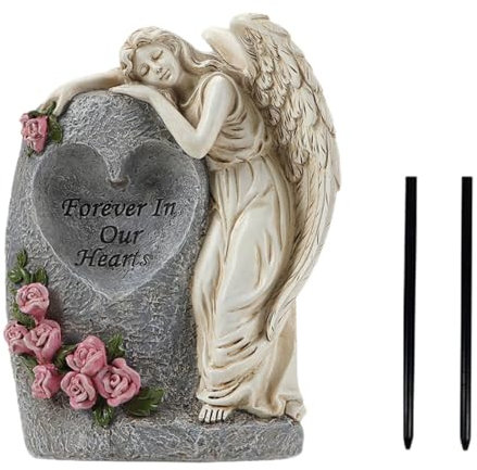 F Fityle Statua da Giardino Solare Scultura Decorativa Figurina di Angelo Resina Cimitero Decorazione Tomba Figurina da Esterno Luce per Prato da Patio, Beige