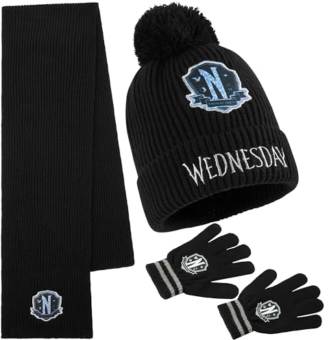 Wednesday Mütze Handschuhe Schal Set Mädchen 6-14 Jahre, 3-in-1 Warm Winterset, Weiches Strickmaterial, Geschenke für Kinder