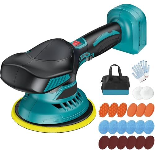 Pulidora de coche para Makita, pulidor orbital de 6 pulgadas con batería, pulidor inalámbrico de 5800 RPM con 6 velocidades variables para detalle/pulido/cera de automóviles, 22 piezas de accesorios