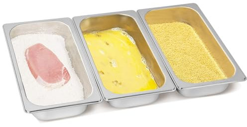 Gucass Juego de 3 cuencos para empanar GN 1/3 de acero inoxidable, bandeja rectangular de metal, 32,5 x 17,5 x 6,5 cm, ideal para chuletas, carne, pescado