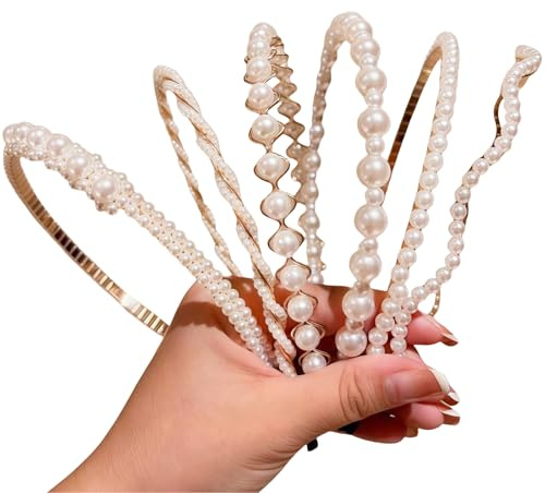 FloralGrace 6 pièces Serre-tête Perles Blanc, Serre-tête Perles artificielles Strass, Serre-tête avec Perles artificielles, Accessoires Cheveux Mariage pour Femmes Filles, Serre-tête Dirndl
