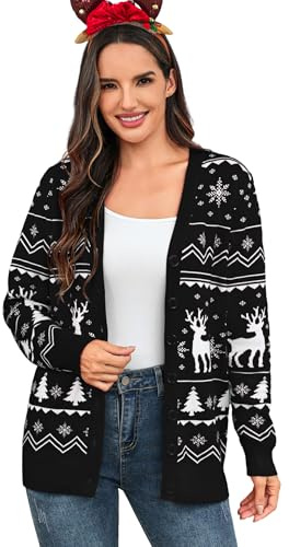 Aottori Cardigan Donna con Bottoni Scollo a V con Motivo Fiocco di Neve Stampa 3D Maglioni Natalizia Lavorato a Maglia Maniche Lunghe Aperta Giacca Divertente Termica Maglione Nero L