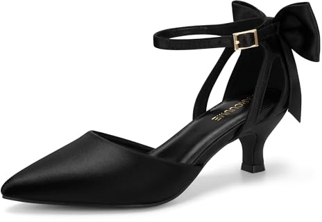 Carcuume Women's Kitten Heels with Bow Closed Toe Sandals Ankle Strap Wedding Pump Shoes, Black Satin, 9 UK