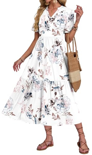 AUSELILY Vestidos Tallas Grandes Largo Verano Mujer 2026 Cuello en V Ruffles Manga Corta Vestido Playa Mujer Largo Ligero y Aireado con Bolsillos Cintura Elástica Flores Blancas 3XL