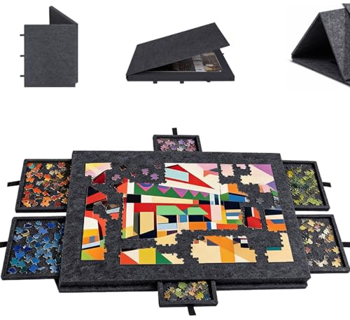 XJJAUGKLY Fällbart pusselbord för 1 000 delar, lutbart med 6 lådor | Pusselbräda med 2-i-1-designstativ och lock, superlätt filt pusselbord pusselbräda för pussel upp till 1000 (svart)