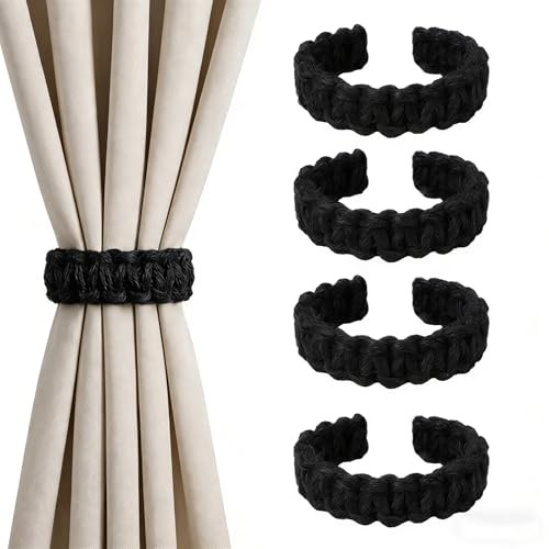 4 Embrasse pour Rideaux Bohème, Embrasse Attache Rideau sans Perforation, Convient pour Maison, Extérieur, Chambre à Coucher, Bureau Rideaux Décoratifs - Noir