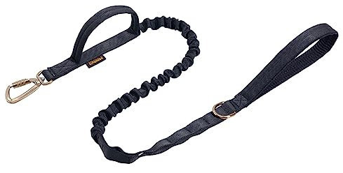 EXCELLENT ELITE SPANKER Militärische Hundeleine Tactical Space Aluminium Haken Clips Bungee Hundeleine Tactical Dog Leine Elastische Hundeleine mit 2 Handgriffen(BLK)