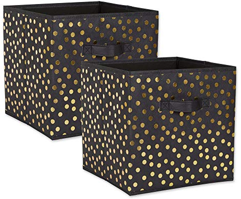 DII Cubos de almacenamiento no tejidos, plegables, con lunares, juego pequeño, cubo de 28 x 28 x 28 cm, negro y dorado, 2 unidades