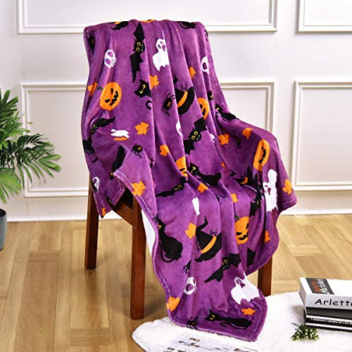 JOOCAR Flannel Throw Blanket Halloween Pumpkin Purple Ghost Bat Spooky Cats Cozy and Soft Plush Warm Blankets for Bed Couch Living Room Sofa Chair(150 x 125cm)