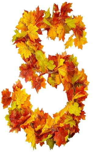 Artificial Autumn Maple Leaves Vines Decorations, 5.9Ft/Piece Fall Leaf Garland Hanging Plant with Hooks, Thanksgiving Halloween Decor for House Garden Wall Doorway Fireplace Autumn Decoration