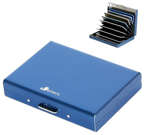 BONSYL® Porta Carte di Credito in Metallo con Blocco RFID per Uomo e Donna, Portafoglio Carte di Credito Sottile in Acciaio Inossidabile per 10 Carte. (10 Carte/Blu)