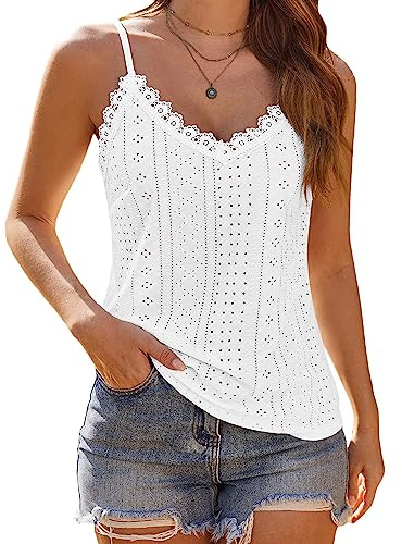 HOTOUCH Womens Tank Tops Spaghetti Strap V Neck Lace Camisole Sleeveless Loose Casual Flowy Summer Sexy Shirts White