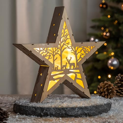 Spetebo LED Weihnachtsstern Holz 30 cm – Tischdeko warmweiß beleuchtet