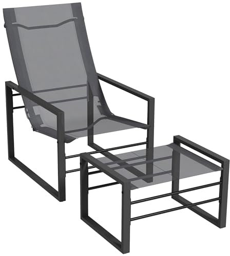 Outsunny Ensemble Fauteuil Relax de Jardin avec Repose-Pieds, Chaise Longue, Structure métal et Tissu Mesh aéré - Gris