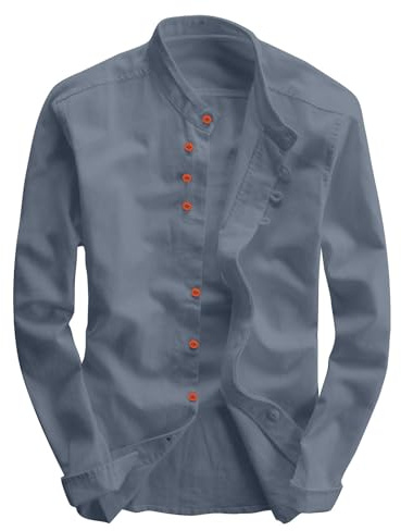 RUMAOZIA Camicia in lino, a maniche lunghe, Katana, da uomo, stile giapponese, con colletto alto, slim fit, in lino, in cotone, per il tempo libero, da uomo, casual, traspirante, classica