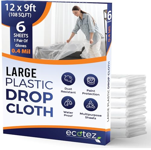 Ecotez 6 Pack 12 x 9 ft Extra Large Plastic Drop Cloth for Painting - Light & Durable Tarp Cover for Furniture - Plastic Clear Tarp Waterproof - Paint Floor Covering - Painters Drop Cloth Sheeting