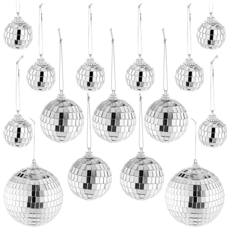 Relaxdays Mini discokula, 15 spegelkulor i 3 olika Storlek Ø 3–10 cm, festdekoration att hänga upp, diskokula, silver