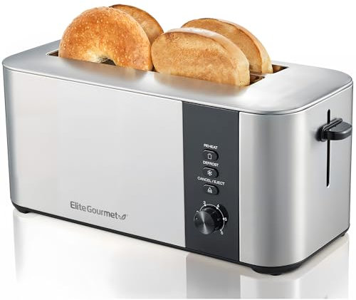 Elite Gourmet ECT3401 Long Slot 4 Slice Toaster, 1.5” Slot Width, 6 Toast Shade Settings, Reheat, Defrost & Cancel Functions, Extra Large Slots for Bagels, Waffles, Artisan Breads, Stainless Steel