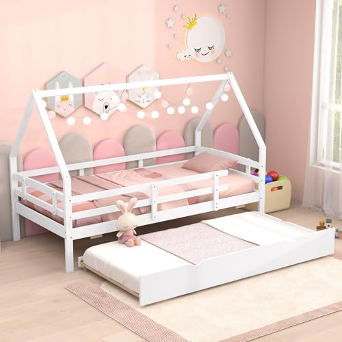 COSTWAY Wooden Kids Bed Frame with Trundle, House Style Single Bed with Roof & Fence Rails, Chidren Floor Bed for Boys Girls, No Box Spring Needed