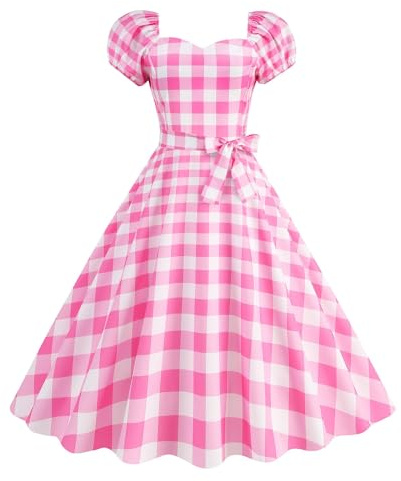 Modaworld Robe Rose à Bretelles Femme Jupe à Carreaux Fête Loisirs Costume Halloween Cosplay Anniversaire Noël Cocktail Élégant Plage Soirée Fête Cocktail Mini Robe