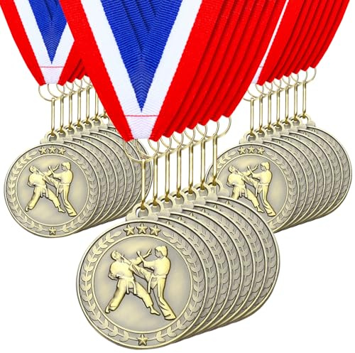 Remuuly 30 Pcs Award Medals Bulk 2'' Gold Trophy Award Winner Metal First Place with Neck Ribbons Award Prize Gift for Tournaments Match Sports Competition Teams Adult (Martial Arts)