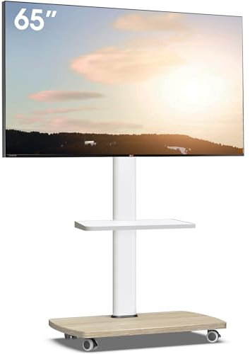 AOKCOS TV Ständer Rollbar mit Holzablage Regal, Fernsehständer auf Rollen für 32-65 Zoll Fernseher, TV Bodenständer Höhenverstellbar Schwenkbar, bis 40 kg Max. VESA 400x400mm (Weiß+Natur)