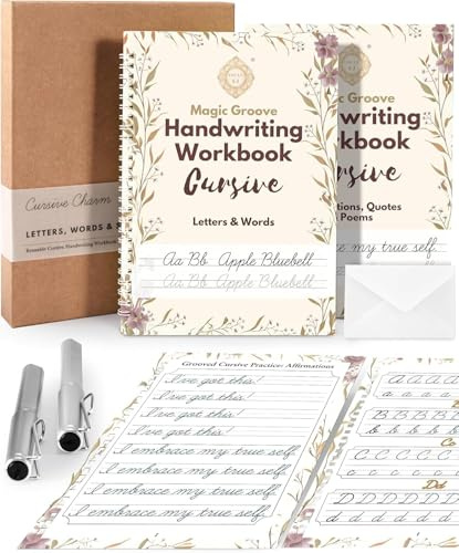 UNCLE EJ® Grooved Cursive Handwriting Workbook Kit - Reusable Cursive Workbook for Kids 8-12 and Adults, Magic Grooved Handwriting Practice, Letters Words Poetry & Affirmations, Cursive Charm, 9.8x7